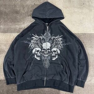 Y2K Social Collision Mens Black Skull Wings Full Zip Hoodie XL